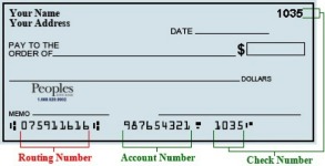 Peoples check example showing routing number, account number, and check number